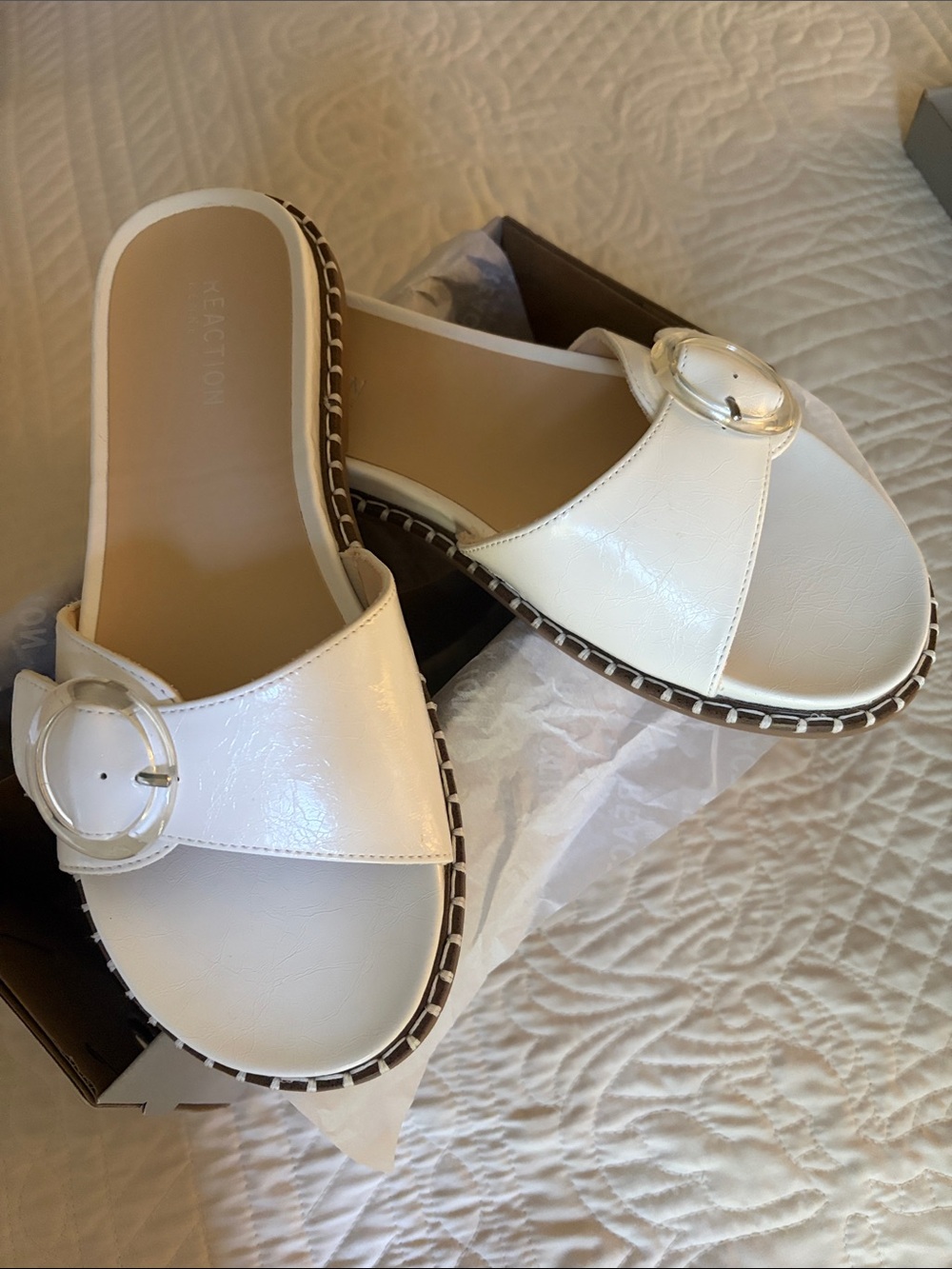 Kenneth Cole Ecru Slide Sandals with Round Buckle Accent